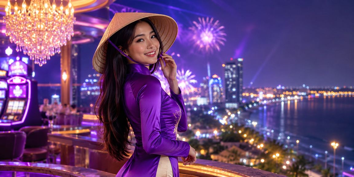 Phụ nữ tại Vũng Tàu đội nón lá chơi slot game trên điện thoại di động bên bờ biển